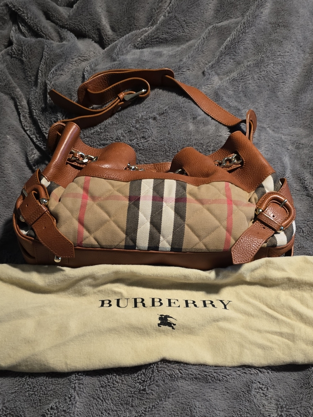 Burberry Tan Check Quilted Canvas Shoulder Bag with Brown Leather Trim